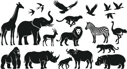 Fototapeta premium Set of wild african animal silhouettes including lion elephant giraffe zebra rhino gorilla and birds for design