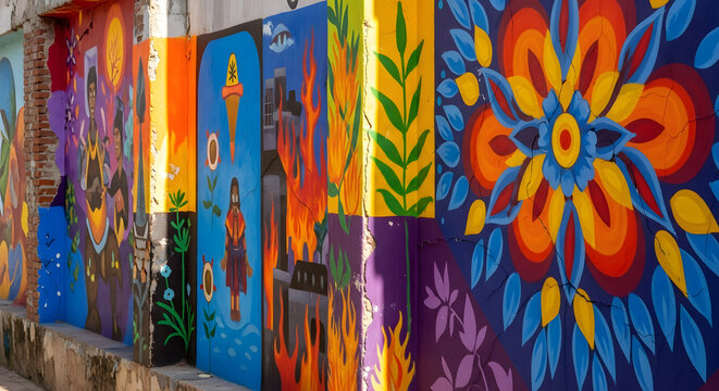Colorful mural art with floral and figurative designs on a transparent background