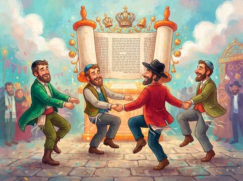 A vibrant oil painting depicting a joyful group of Orthodox Jewish men dancing in a circle in front of a majestic, illuminated Torah scroll on a stone-paved floor, symbolizing Simchat Torah