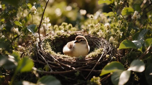 Small wild bird sitting in nest on tree, wildlife animal nature outdoor birdwatching AI-Generated