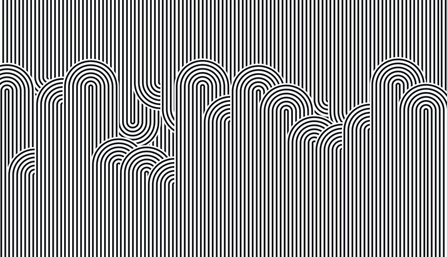 Minimalist black and white optical illusion background featuring vertical and arched lines.