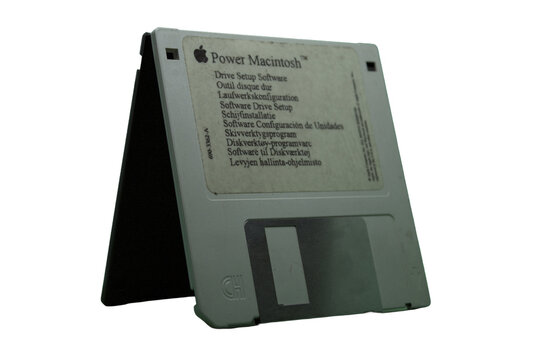 Power Macintosh Drive Setup Software Floppy Disks Isolated on Transparent Background in Cairo, Egypt on Aug,21,2026 illustrating Data storage nostalgia, 1990s desktop operating 
