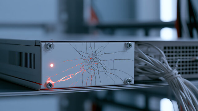 Damaged server equipment with cracked glass panel in server room, showing hardware failure, network issue, and system breakdown concept