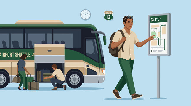 Traveler consulting bus route map at airport shuttle stop