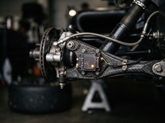 Fototapeta premium Detailed carbon fiber suspension component featuring a small electronic sensor with a glowing orange light on a race car chassis
