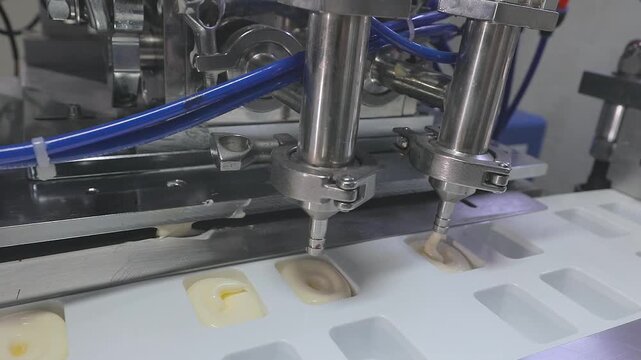 Close-up of an automated industrial liquid and sauce filling machine dosing mayonnaise into plastic portion cups dip pot on a conveyor belt. Plant for production of mayonnaise and sauce. 