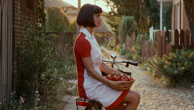 Woman with Basket of Tomatoes on Vintage Bicycle at Sunset
