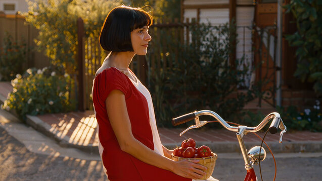 Woman with Basket of Tomatoes on Vintage Bicycle at Sunset