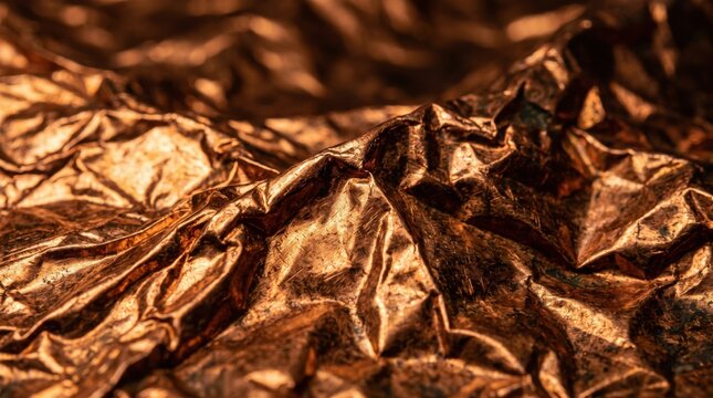 Abstract macro background of crumpled copper foil texture with metallic highlights and deep dramatic shadows