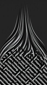 Abstract digital art featuring sweeping flowing black and white lines emerging from a complex geometric grid pattern against dark gray