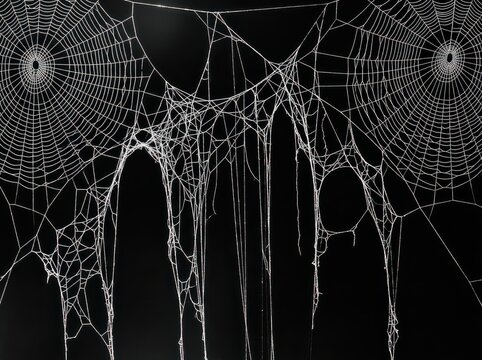 Realistic spider webs with circular patterns and hanging threads isolated on black background