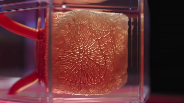 Translucent textured block with branching leaf-like pattern stays framed inside a transparent display enclosure as viewpoint shifts under saturated red and blue light