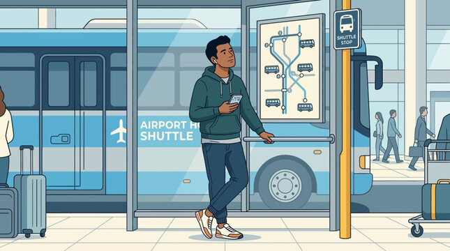 Young Man Waiting for Airport Shuttle Bus with Ticket