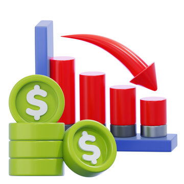 Impactful 3D down arrow chart icon representing economic recession, market crash, and business failure. Great for financial analysis dashboards, investment platforms, and stock market warning features