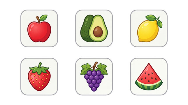 Cartoon fruit icons set with 6 colorful elements, vibrant apple and avocado stickers, fresh strawberry and grape food graphics isolated PNG with Transparent Background
