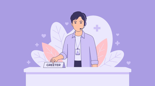 Friendly greeter with headset and name tag, transparent background