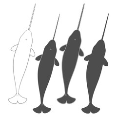 Set of black and white illustrations with animal narwhal. Isolated vector objects. © rizik_pic