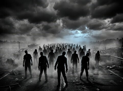 Group of zombies walking on a desolate road in a postapocalyptic landscape