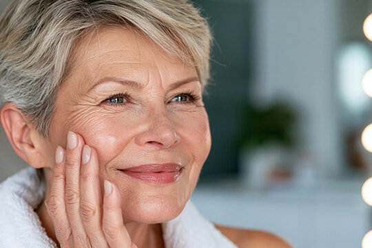 Warm smile graces her face. Gentle touch caresses her cheek. Soft lighting enhances her features. Relaxed expression conveys comfort. Ideal for skincare, wellness, or self-care themes