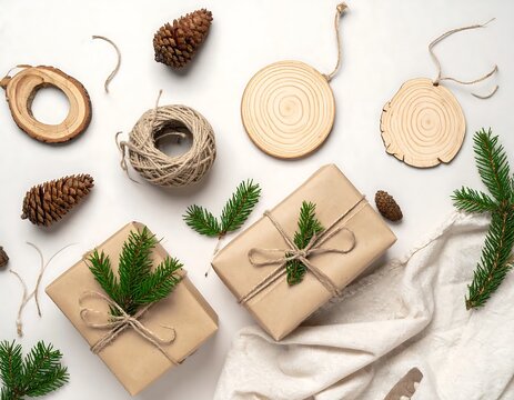 Eco friendly Christmas gift wrapping flat lay with craft paper presents wood slices and pine branches
