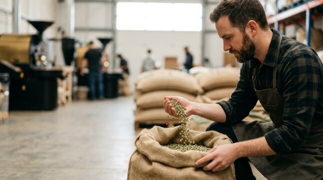 Man inspecting green coffee beans in burlap sack at roasting plant warehouse, quality control, side profile