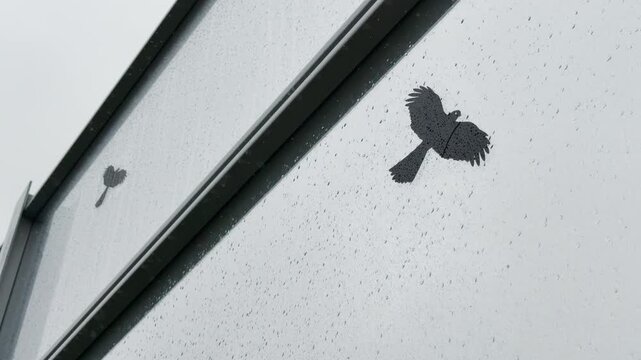A noise barrier wall stands outdoors with bird stickers. Raindrops cover the wet glass surface. This dreary scene creates a gloomy, lonely, and melancholic feeling.