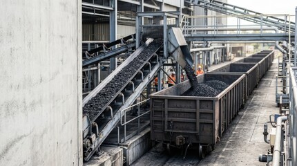 Naklejka premium Coal transported by conveyor belt into waiting railcars for industrial bulk transport, industrial facility background