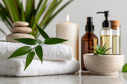 White towels rest beside stacked stones. Candles glow softly beside plant leaves. Aloe in a bowl adds natural charm. Bottles hint at calming aromatherapy. This scene invites quiet, peaceful moments