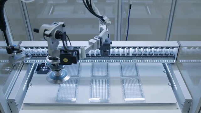 Robotic vacuum gripper moves laterally across transparent component trays inside enclosed automated assembly equipment, positioning its suction head above organized parts on a metal work surface