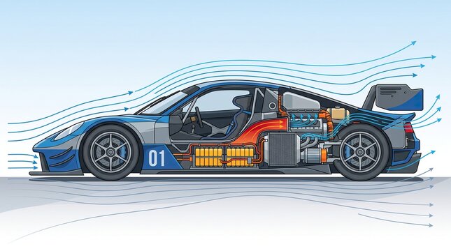 Blue high performance electric race car displaying internal battery cells and aerodynamic airflow patterns in a detailed side profile view