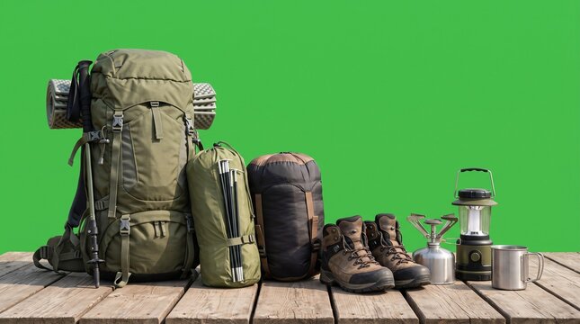 Camping gear arranged on wooden floor with green background.