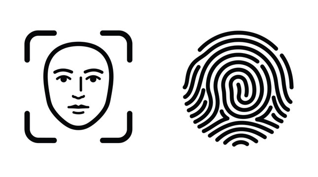 Minimalist vector illustration depicting biometric face recognition scanner next to detailed human fingerprint graphic for modern digital security identity verification