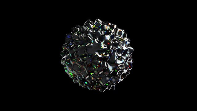 A complex, metallic sphere with a textured, reflective surface, set against a stark black background