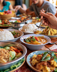 Obraz premium Warm, vibrant meal shared among friends. Hands lift spoon over steaming curry. Rice, vegetables, and spices fill the table. Laughter and conversation fill the air. Perfect for food, culture