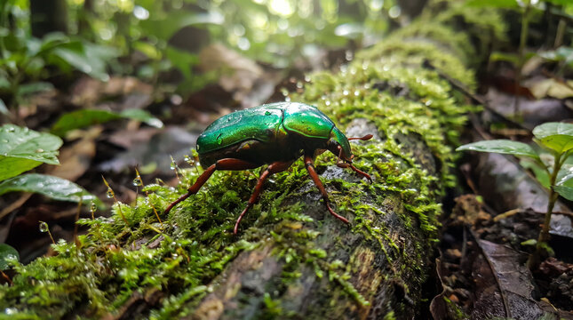 Shiny green beetle crawling on mossy log in tropical rainforest close up view. Concept of insect, macro, nature, moss, tropical forest, wild life. Copy space.