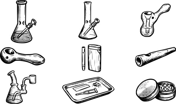 Cannabis Smoking Device Icon Set &mdash; Bong, Pipe, Water Pipe, Bubbler, One Hitter, Chillum, Dab Rig, Rolling Tray, Grinder &mdash; Halftone Line Art Sketch Vector Illustration for Adult Paraphernalia Design