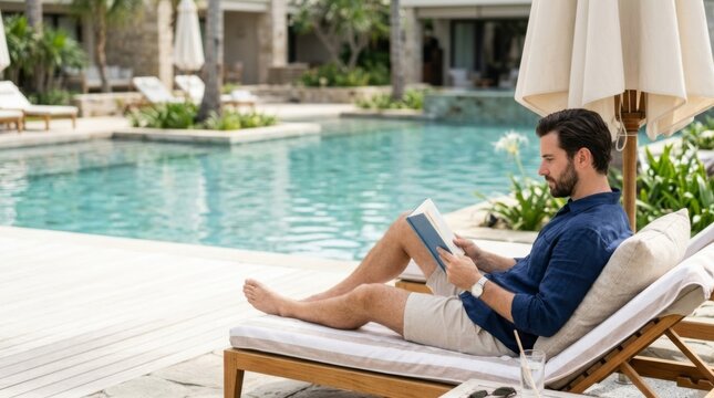 Man Relaxing by Pool Reading Book Under Shade - Lifestyle Scene with Copy Space