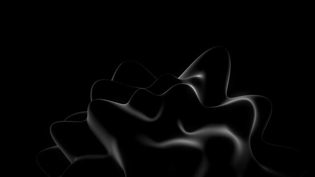 An abstract, flowing shape rendered in shades of grey and white against a stark black background. The form appears fluid and dynamic, with subtle highlights suggesting a smooth, luminous surface
