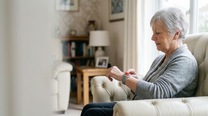 Senior woman uses emergency alert device on wrist in bright living room, ensuring safety and independence at home.