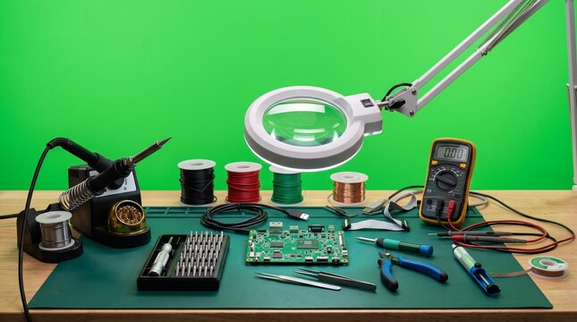 Electronic workbench with tools and circuit board under magnifying lamp.
