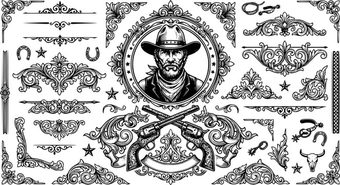 Old Western Design Elements and Ornate Frame Icon Set
