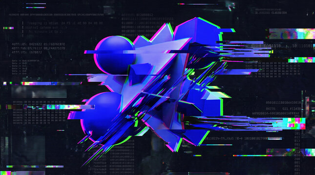 Abstract geometric shapes with blue and purple digital glitch distortion effects on a dark background with background filled binary intense digital