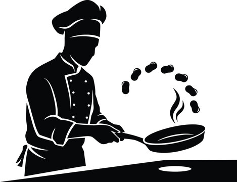 Black silhouette of a chef in a uniform tossing food in a frying pan, isolated on a white background, culinary or restaurant theme