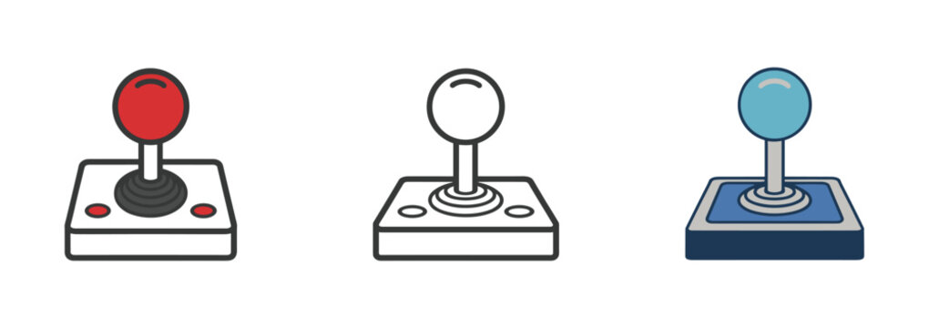 Arcade Joystick Collection. A set of three classic arcade joystick controllers, one red, one outlined in black and white, and one blue. These iconic gaming devices evoke a sense of nostalgia and fun.