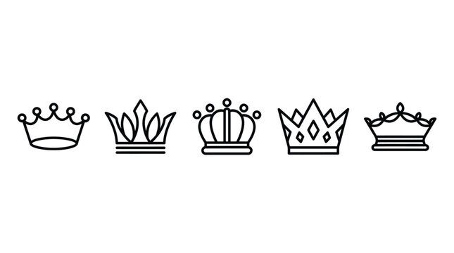 Minimalist vector crown illustration set featuring five unique black line art royal icons