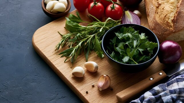 Fresh herbs  garlic  tomatoes  and bread arranged on a wooden cutting board for cooking prepa n