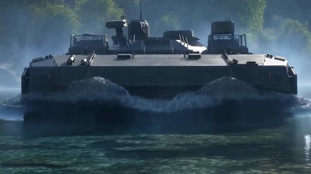 Large armored watercraft advances directly toward camera through calm forest water, pushing a broad foamy bow wave beneath hazy daylight and dense green trees behind