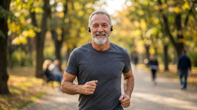 Smiling active senior man jogging through sunny autumn park wearing grey shirt and wireless sport earbuds for fitness