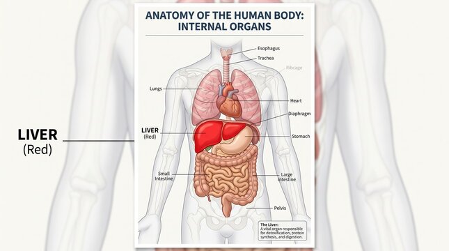 Educational poster showing human body anatomy and internal organs including the red liver with medical chart health education anatomical diagram medical illustration body system