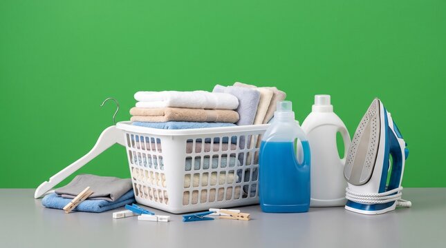 Laundry and ironing supplies on green background.